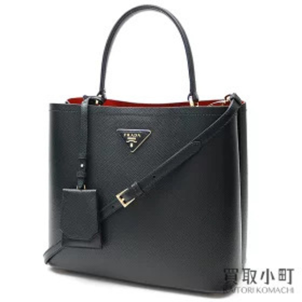 Prada Panier Saffiano Leather Bag Black Red Calfskin Triangle Shoulder Top